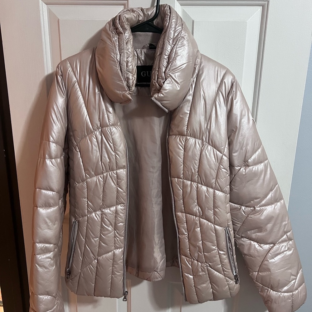 GUESS Women's Shimmering Silver Puffer Jacket